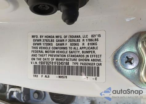 2015 Honda Civic Ex from USA, damaged, VIN 19XFB2F81FE045168